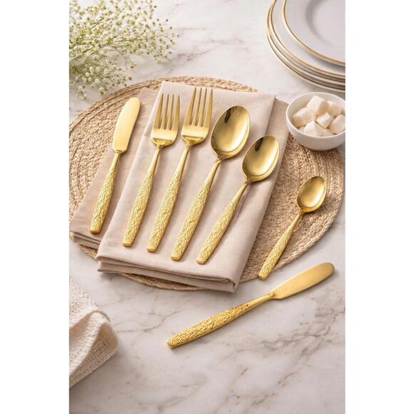 Vintage 1970s Electroplated Gold-Tone Stainless Steel Flatware Set 50 Pieces